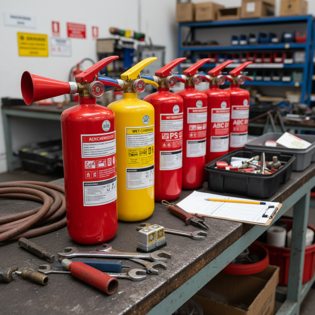 Maintenance extincteur : vérification annuelle et recharge 1 Sécurité et Sérénité Assurée Alise SSI Plusieurs extincteurs alignés pour le contrôle annuel dans un atelier de maintenance spécialisé
