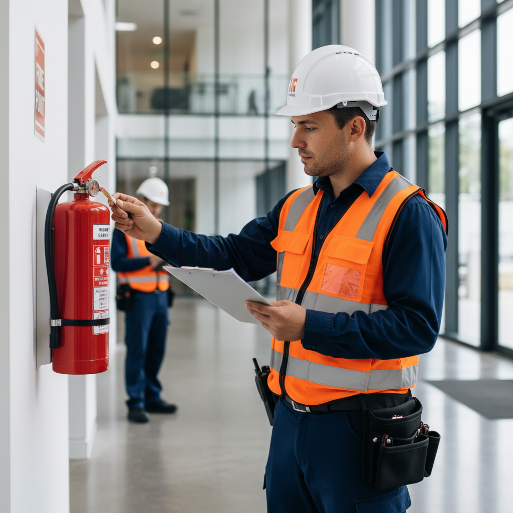 Inspecteur vérifiant la conformité incendie des extincteurs dans un établissement recevant du public