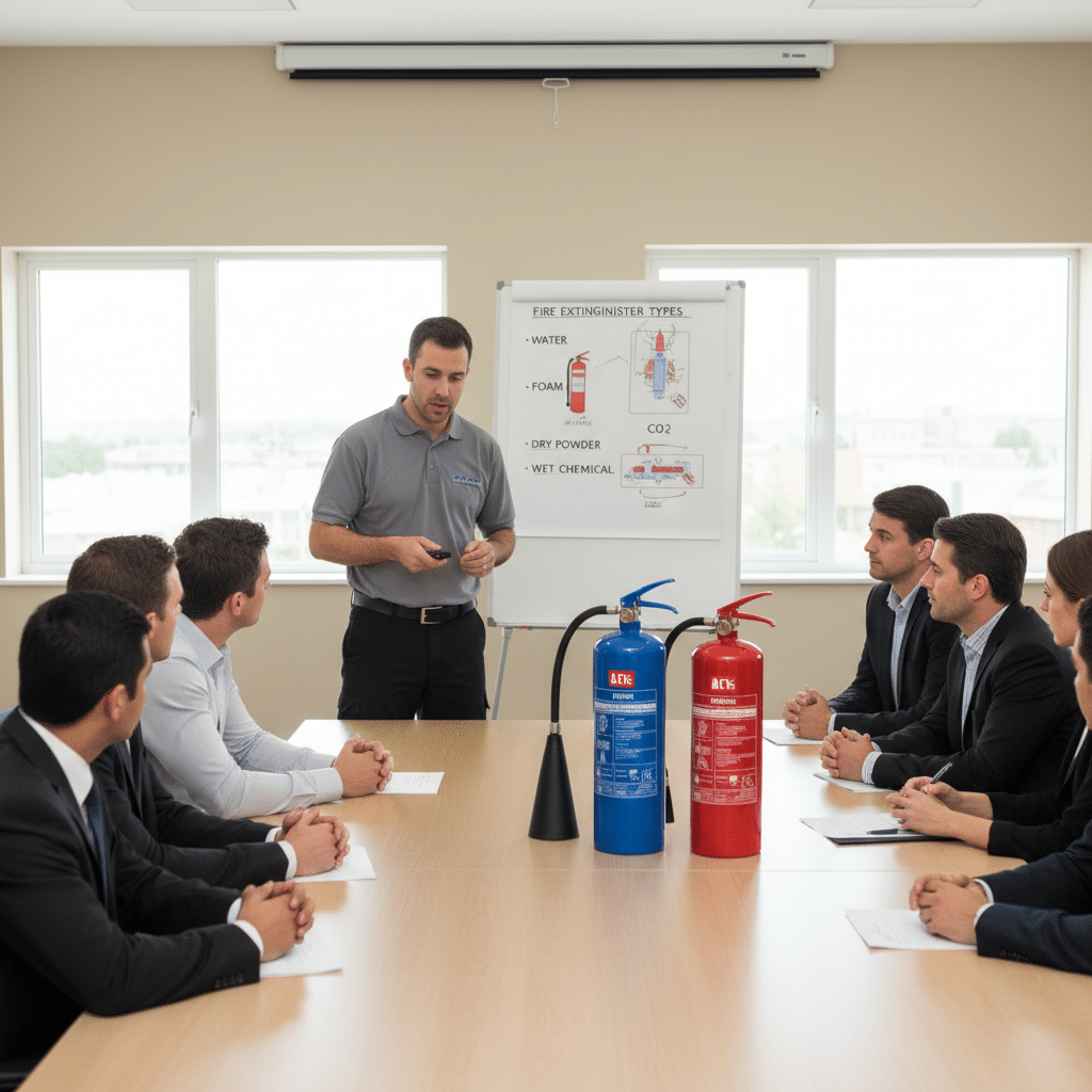 Formation équipier de première intervention (EPI) : programme et durée 1 Sécurité et Sérénité Assurée Alise SSI Formateur expliquant les différents types d'extincteurs lors d'une formation EPI