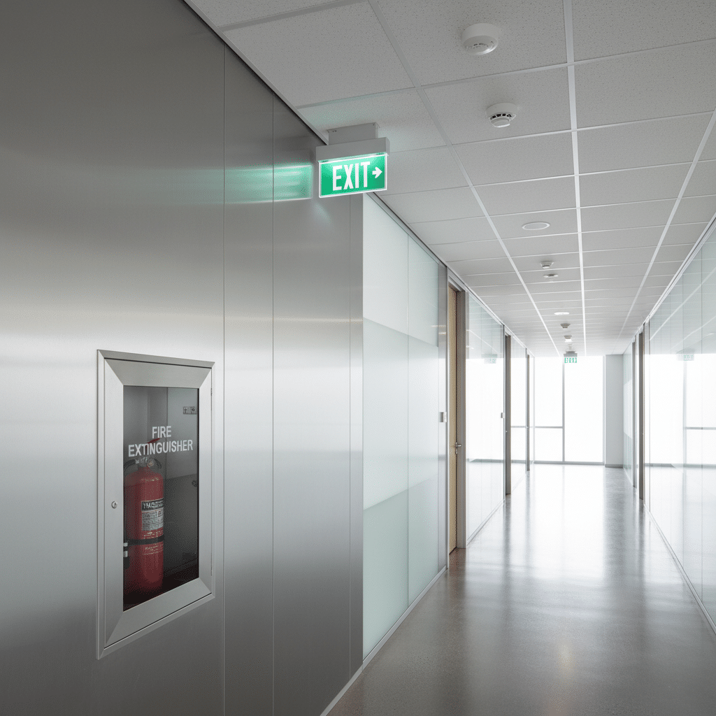 Mise en conformité incendie ERP : les étapes pour être aux normes 1 Sécurité et Sérénité Assurée Alise SSI Intérieur de bâtiment commercial équipé extincteur panneau de sortie détecteur et sprinkler