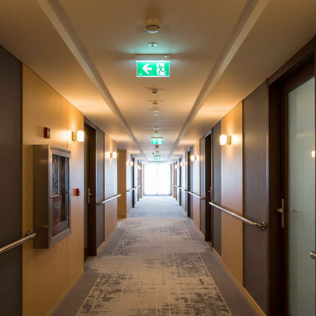 Couloir d hôtel équipé de détecteurs de fumée et d éclairage de sécurité