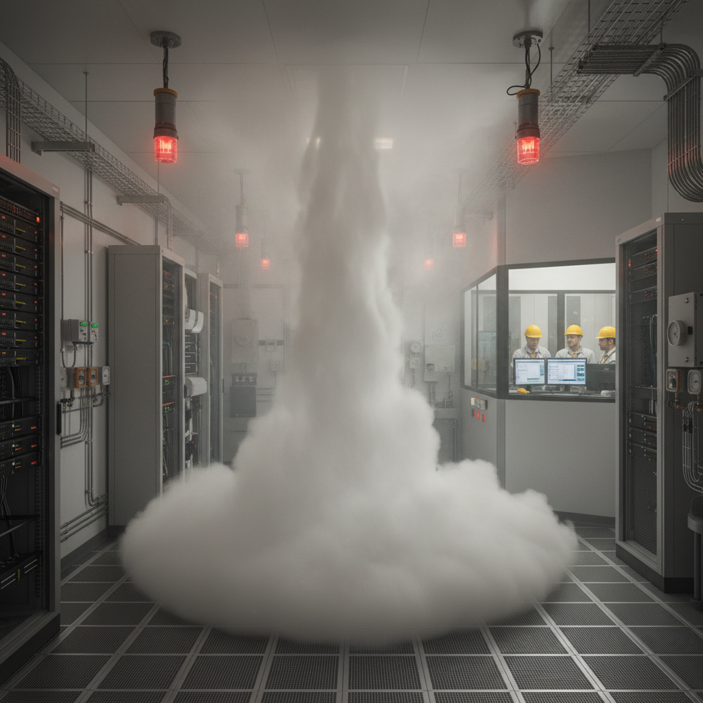 Extinction automatique gaz : quel agent extincteur choisir ? 2 Alise SSI – Sécurité et Sérénité Assurée Alise Test de décharge d'un système d'extinction automatique à gaz avec buses au plafond dans un local technique