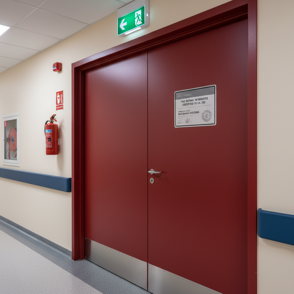 Ferme-porte pour porte coupe-feu : réglages et normes 1 Sécurité et Sérénité Assurée Alise SSI Porte coupe-feu certifiée dans un couloir hospitalier avec panneau de sortie de secours