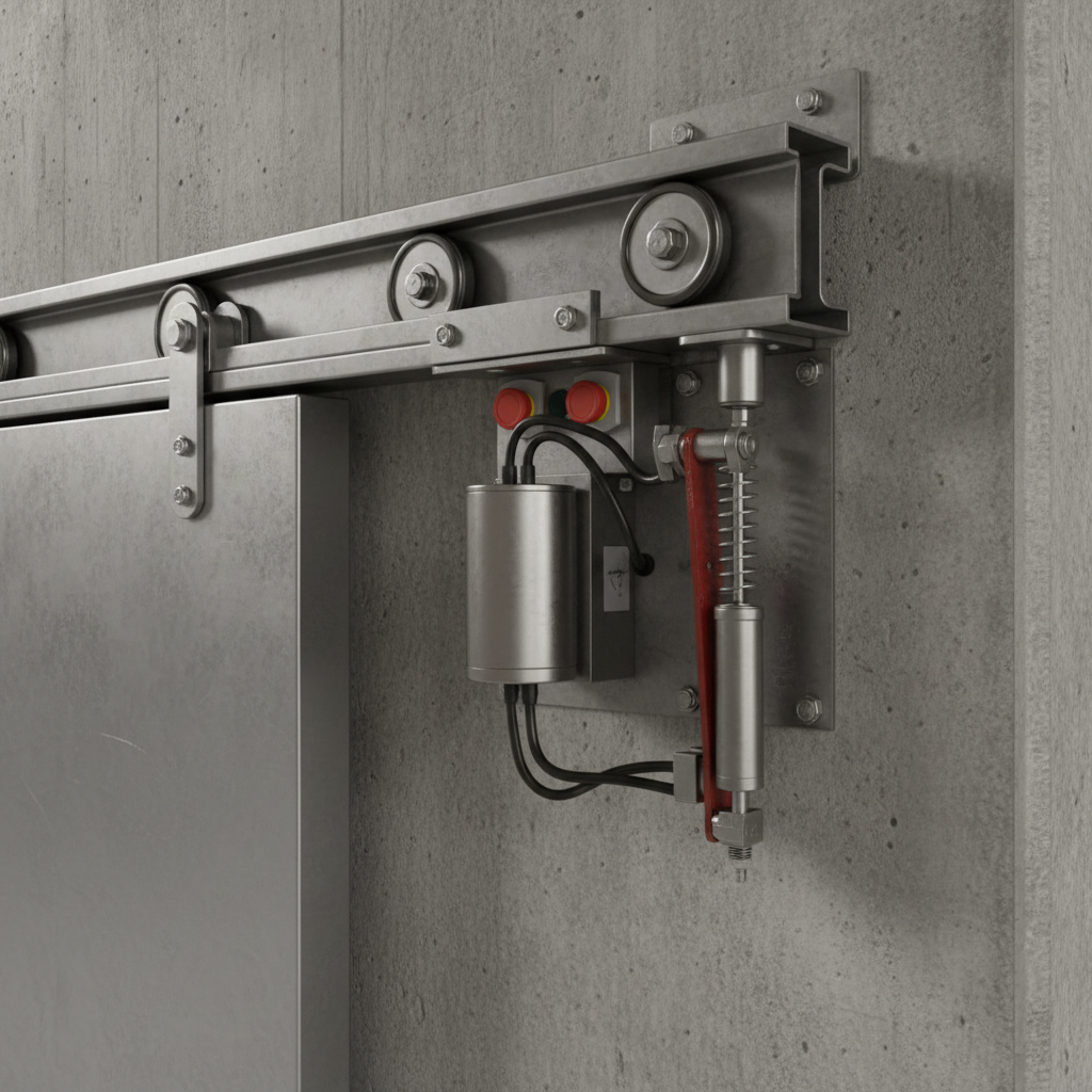 Porte coupe-feu coulissante : avantages et contraintes d’installation 1 Sécurité et Sérénité Assurée Alise SSI Mécanisme de fermeture d'une porte coupe-feu coulissante avec rail et dispositif électromagnétique