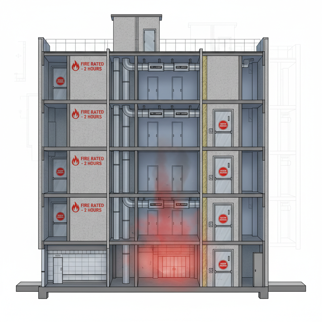 Clapet coupe-feu : rôle dans le compartimentage et maintenance 2 Alise SSI – Sécurité et Sérénité Assurée Alise Coupe transversale d'un bâtiment montrant le compartimentage incendie avec clapets coupe-feu dans les gaines