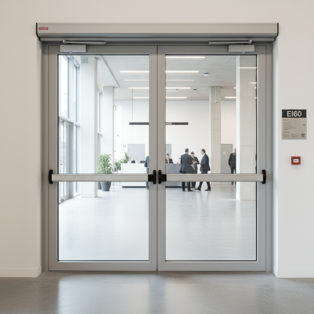 Porte coupe-feu vitrée : classement et utilisations en ERP 2 Sécurité et Sérénité Assurée Alise SSI Porte coupe-feu vitrée EI 60 avec ferme-porte dans un établissement recevant du public