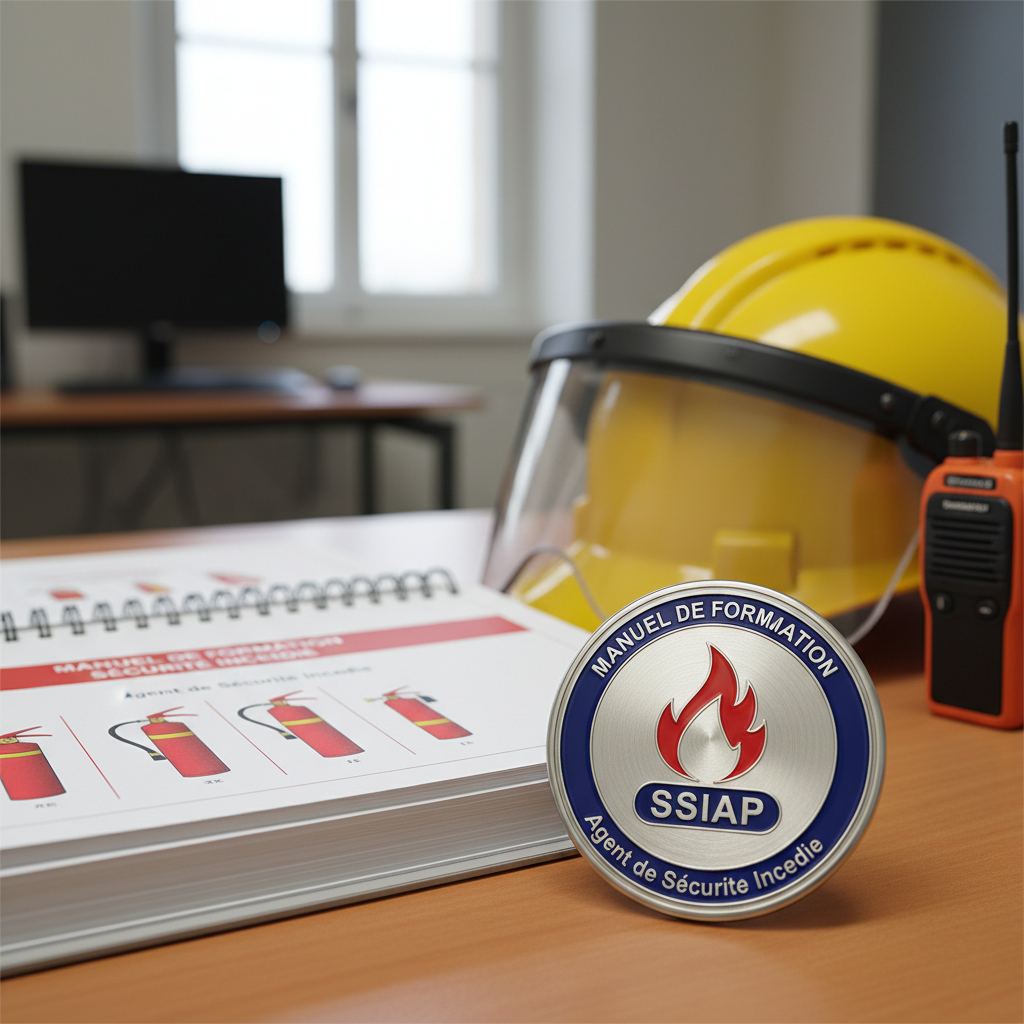Formation SSIAP 1 : programme, prérequis et débouchés 2 Alise SSI – Sécurité et Sérénité Assurée Alise Badge de certification SSIAP et manuel de formation sécurité incendie posés sur un bureau professionnel