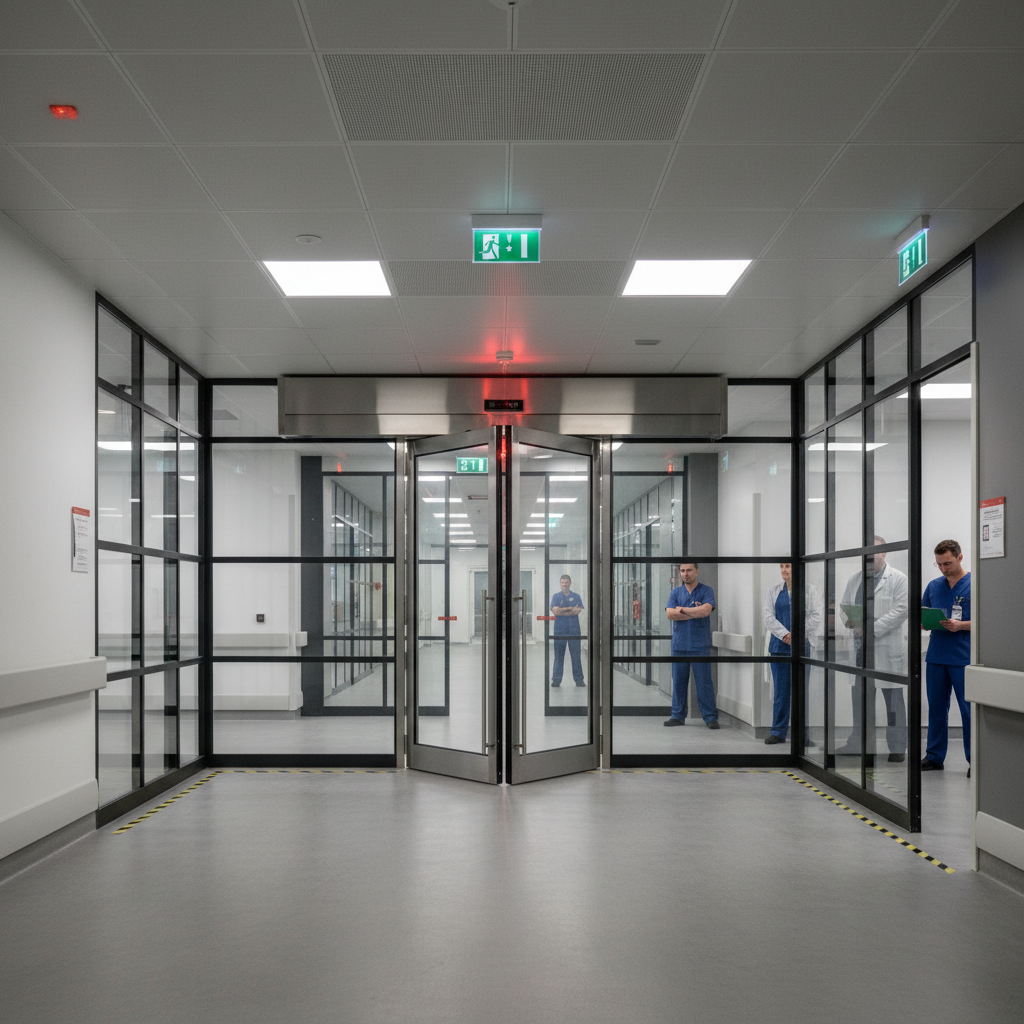 Asservissement SSI : volets, portes et clapets en cas d’incendie 2 Sécurité et Sérénité Assurée Alise SSI Portes coupe-feu automatiques se fermant dans un couloir lors d'un test de sécurité incendie