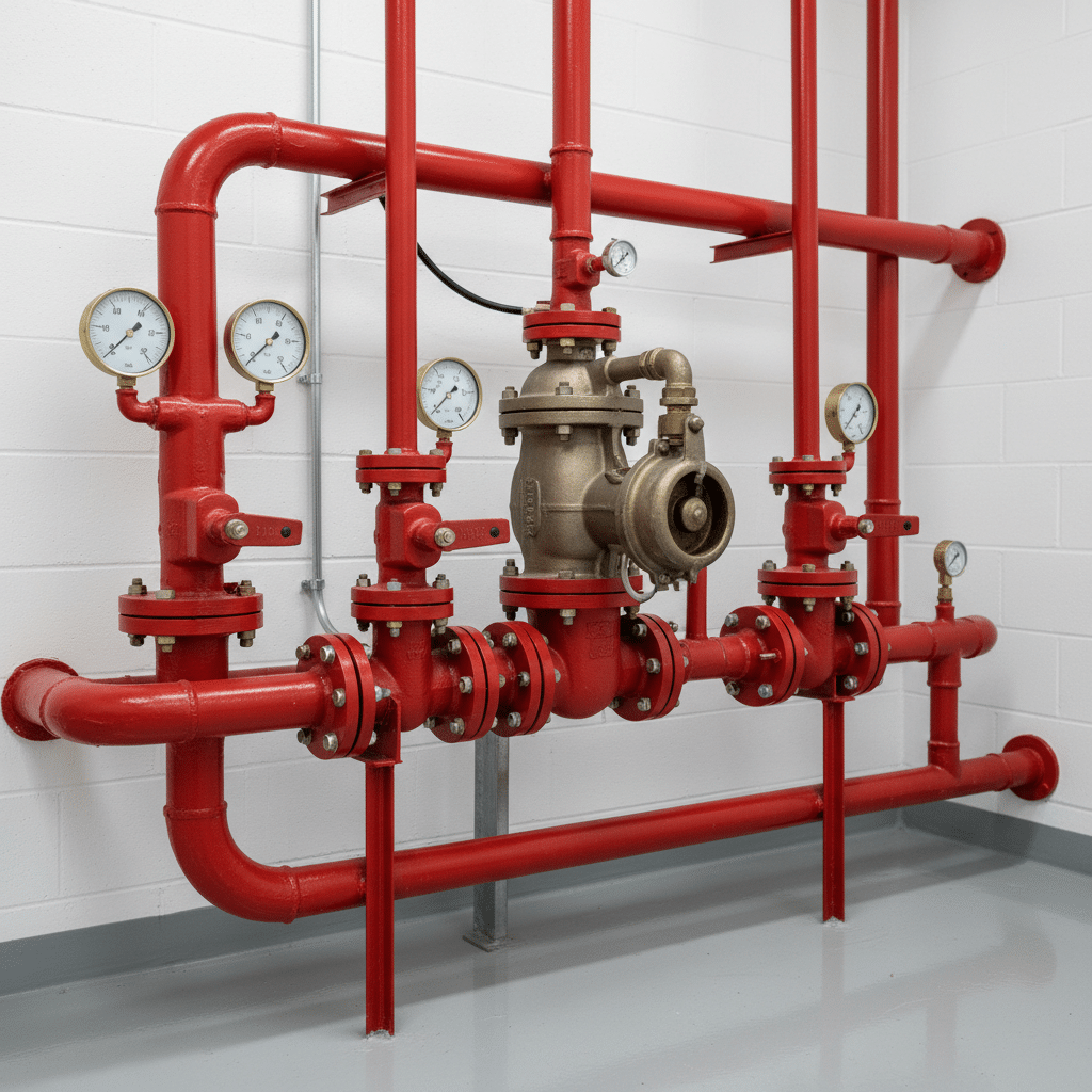 Installation sprinkler : prix, normes et avantages pour votre bâtiment 1 Sécurité et Sérénité Assurée Alise SSI Poste de contrôle sprinkler avec manomètres et vannes dans un local technique