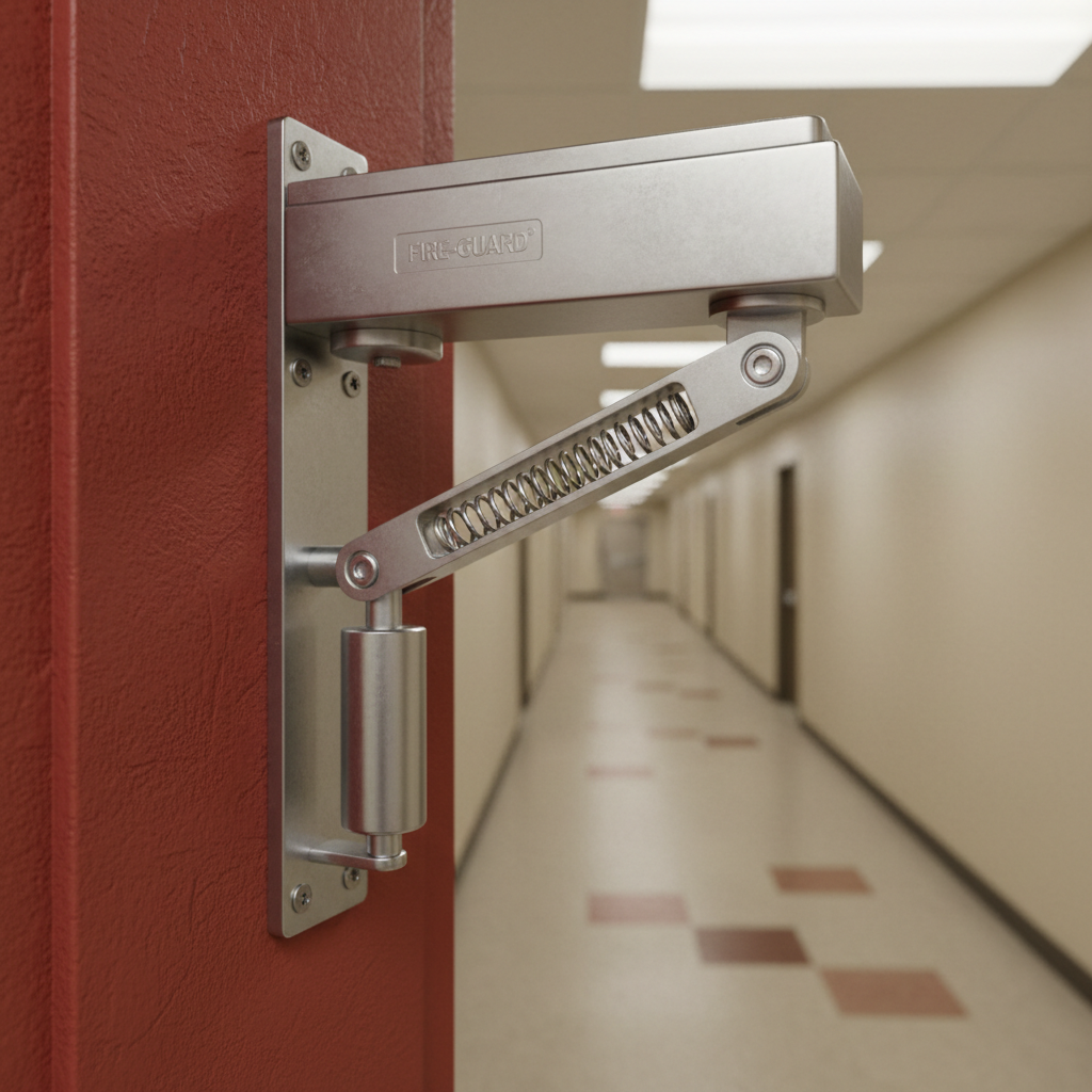 Gros plan sur un ferme-porte hydraulique installé sur une porte coupe-feu