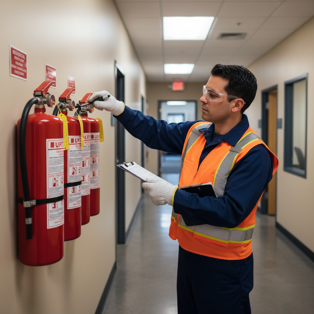 Technicien réalisant un contrôle technique incendie sur des extincteurs