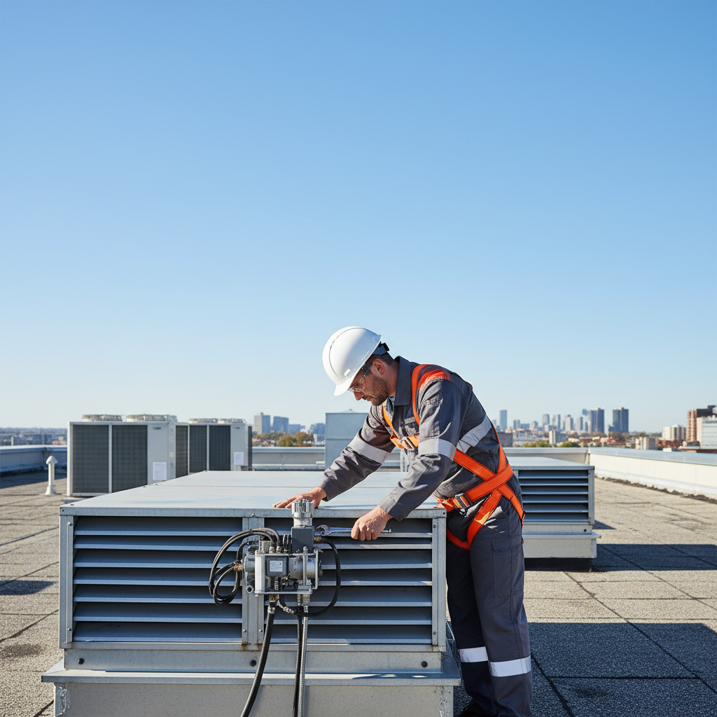 Exutoire de désenfumage : types, dimensions et réglementation 2 Alise SSI – Sécurité et Sérénité Assurée Alise Technicien réalisant la maintenance d'un exutoire de désenfumage en toiture