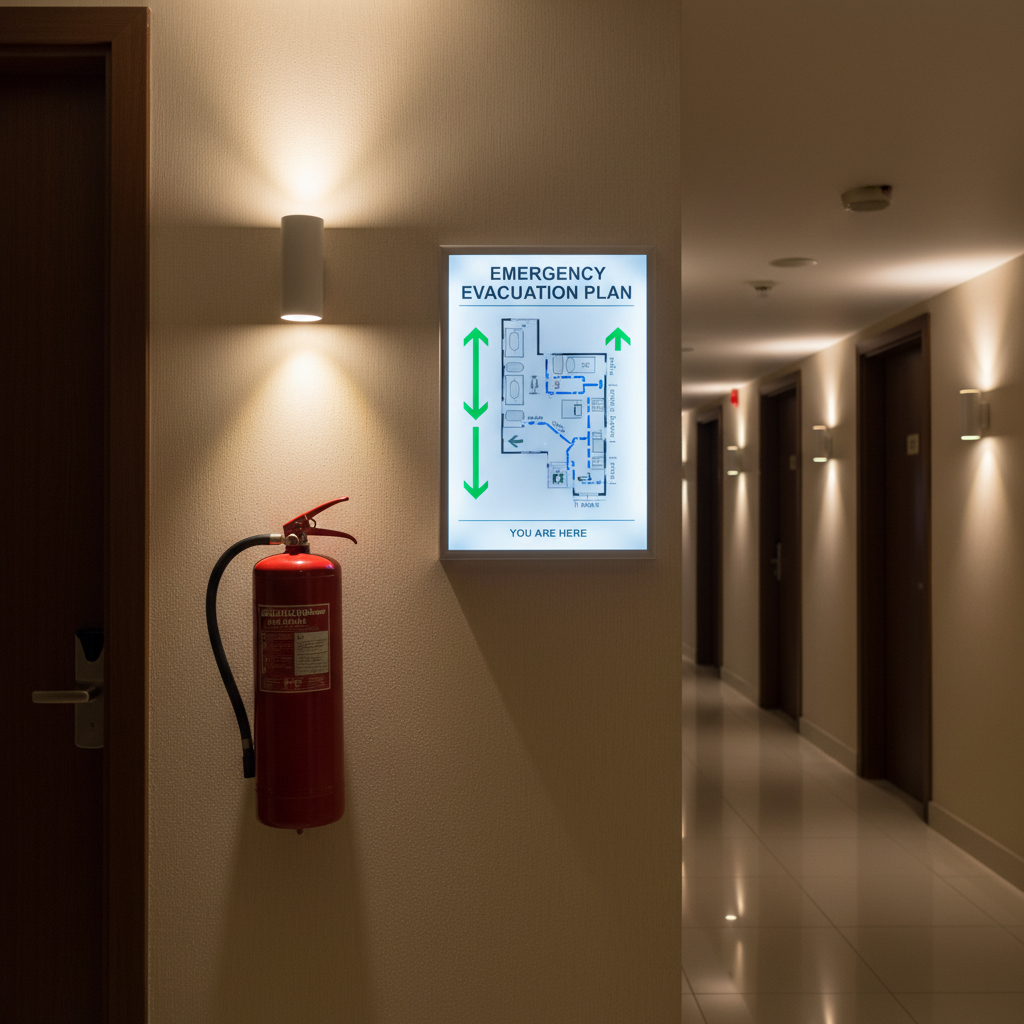 Sécurité incendie en hôtel : obligations et équipements requis 1 Alise SSI – Sécurité et Sérénité Assurée Alise Extincteur et plan d'évacuation incendie dans un couloir d'hôtel