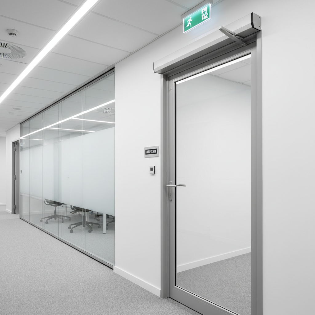 Porte coupe-feu vitrée : classement et utilisations en ERP 6 Alise SSI – Sécurité et Sérénité Assurée Alise Porte coupe-feu vitrée installée dans un couloir d ERP avec vitrage transparent