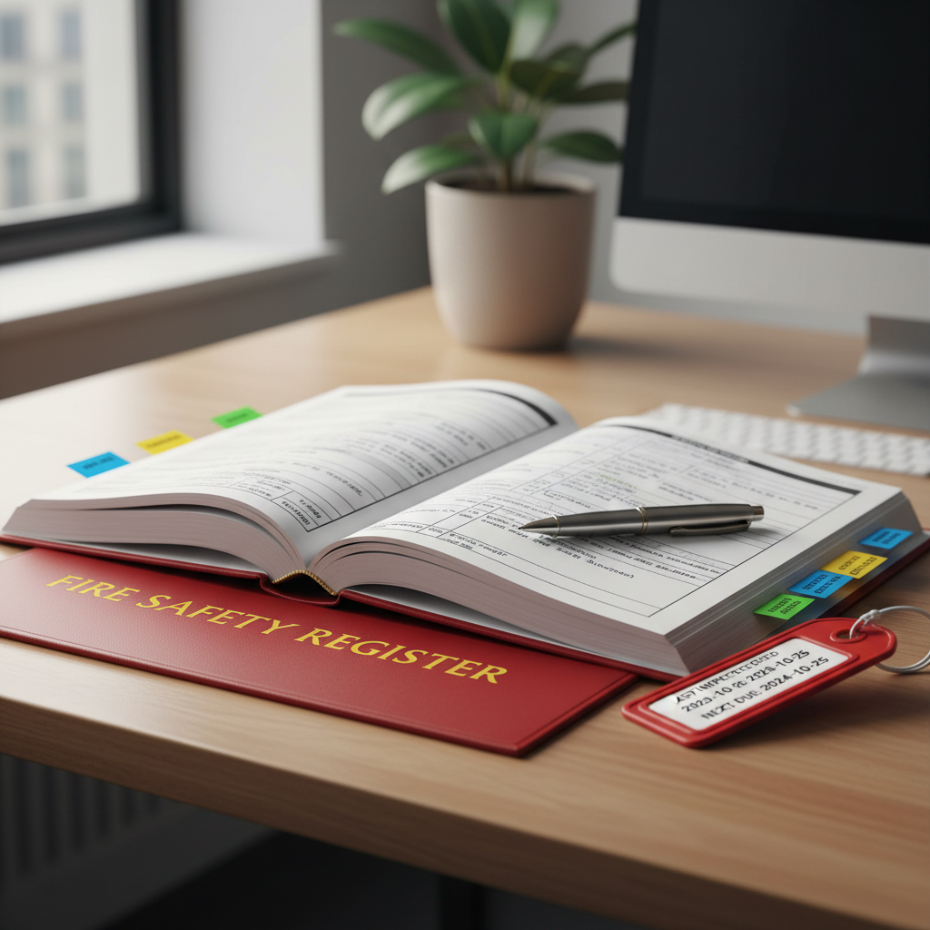 Registre de sécurité incendie : contenu obligatoire et modèle 11 Alise SSI – Sécurité et Sérénité Assurée Alise Registre de sécurité incendie ouvert sur un bureau avec des rapports de vérification