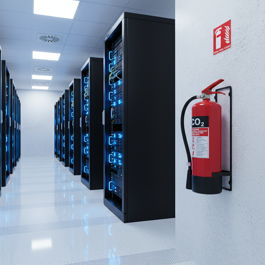 Extincteur CO2 ou poudre : lequel choisir pour votre entreprise ? 1 Sécurité et Sérénité Assurée Alise SSI Salle serveur avec extincteur CO2 pour protection des équipements informatiques