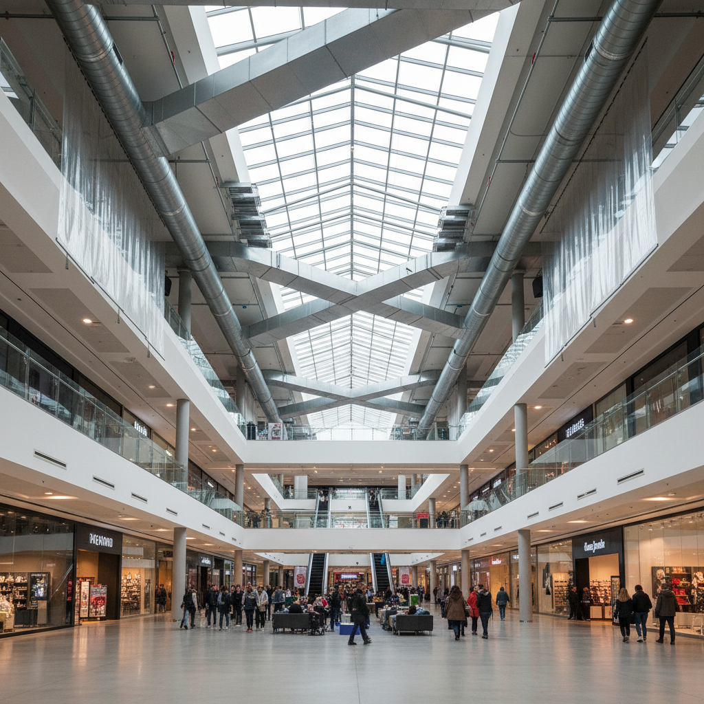 Obligations désenfumage en ERP de 1ère catégorie 1 Sécurité et Sérénité Assurée Alise SSI Système de désenfumage installé dans l'atrium d'un grand centre commercial avec conduits et écrans de cantonnement