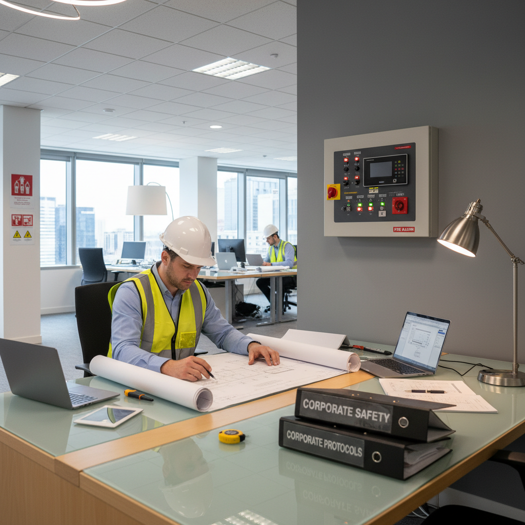 SSI catégorie B : quand et pourquoi l’installer ? 2 Sécurité et Sérénité Assurée Alise SSI Ingénieur en sécurité incendie étudiant les plans d'installation d'un SSI de catégorie B