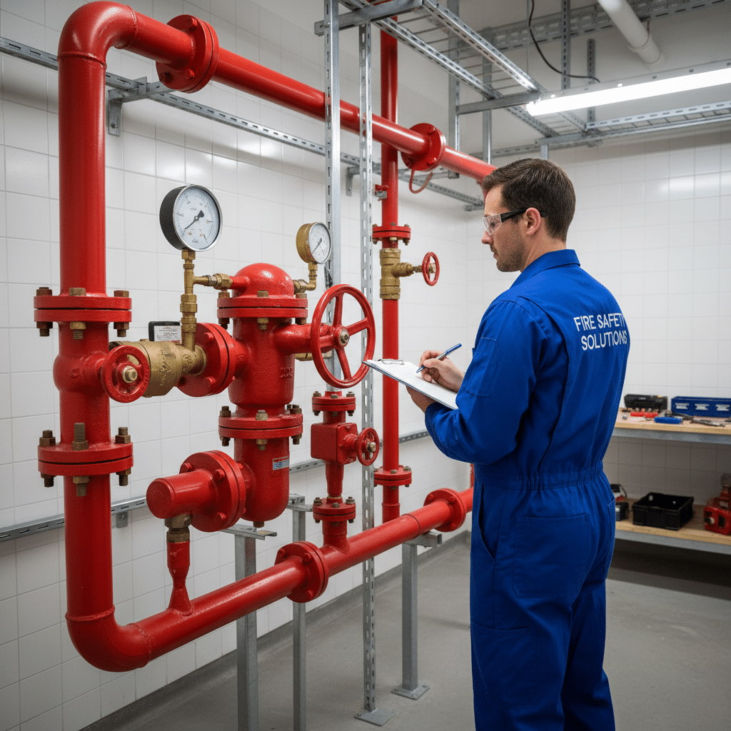 Installation sprinkler : prix, normes et avantages pour votre bâtiment 2 Sécurité et Sérénité Assurée Alise SSI Technicien effectuant la maintenance annuelle d'un poste de contrôle sprinkler