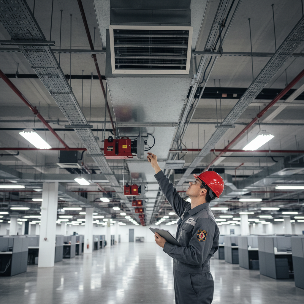 Désenfumage mécanique en ERP : avantages et contraintes d’installation 1 Sécurité et Sérénité Assurée Alise SSI Technicien vérifiant un système de désenfumage mécanique dans un ERP