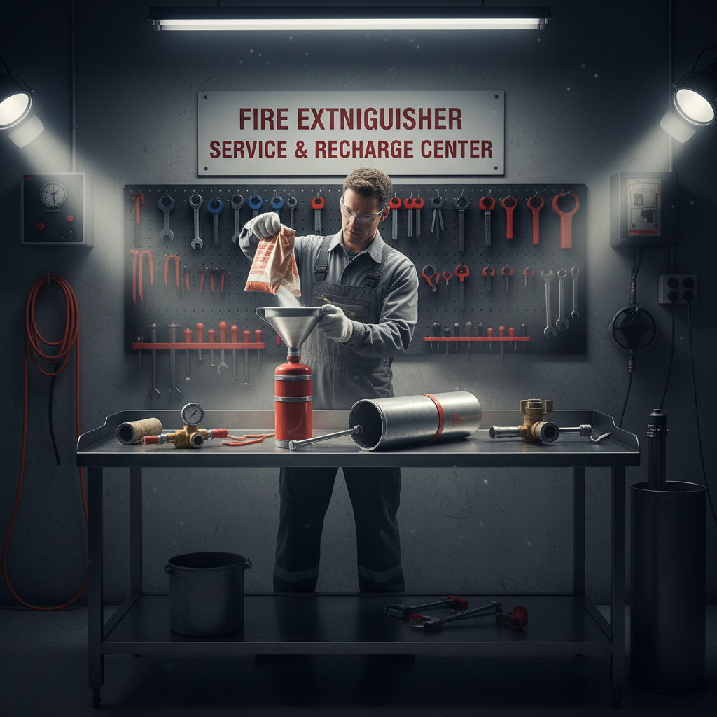 Maintenance extincteur : vérification annuelle et recharge 2 Sécurité et Sérénité Assurée Alise SSI Technicien en atelier rechargeant un extincteur à poudre, appareil démonté montrant les composants internes