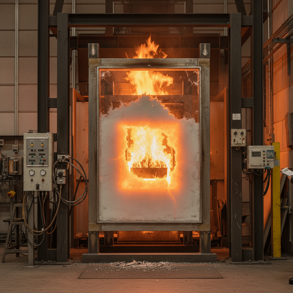 Porte coupe-feu vitrée : classement et utilisations en ERP 1 Sécurité et Sérénité Assurée Alise SSI Vitrage coupe-feu intumescent testé en laboratoire lors d'un essai de résistance au feu