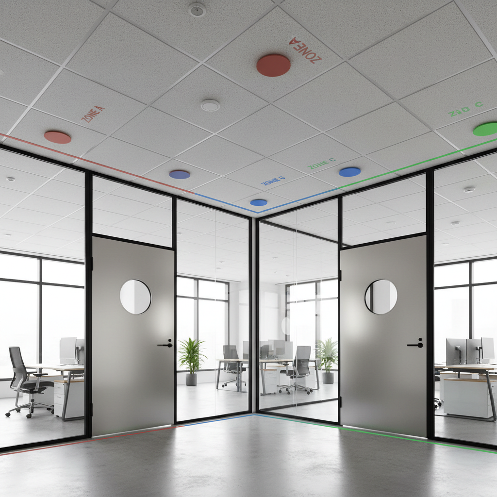 Zonage SSI : comment découper un bâtiment en zones de détection 2 Alise SSI – Sécurité et Sérénité Assurée Alise Détecteurs de fumée et de chaleur installés au plafond d'un bâtiment avec zones de détection distinctes