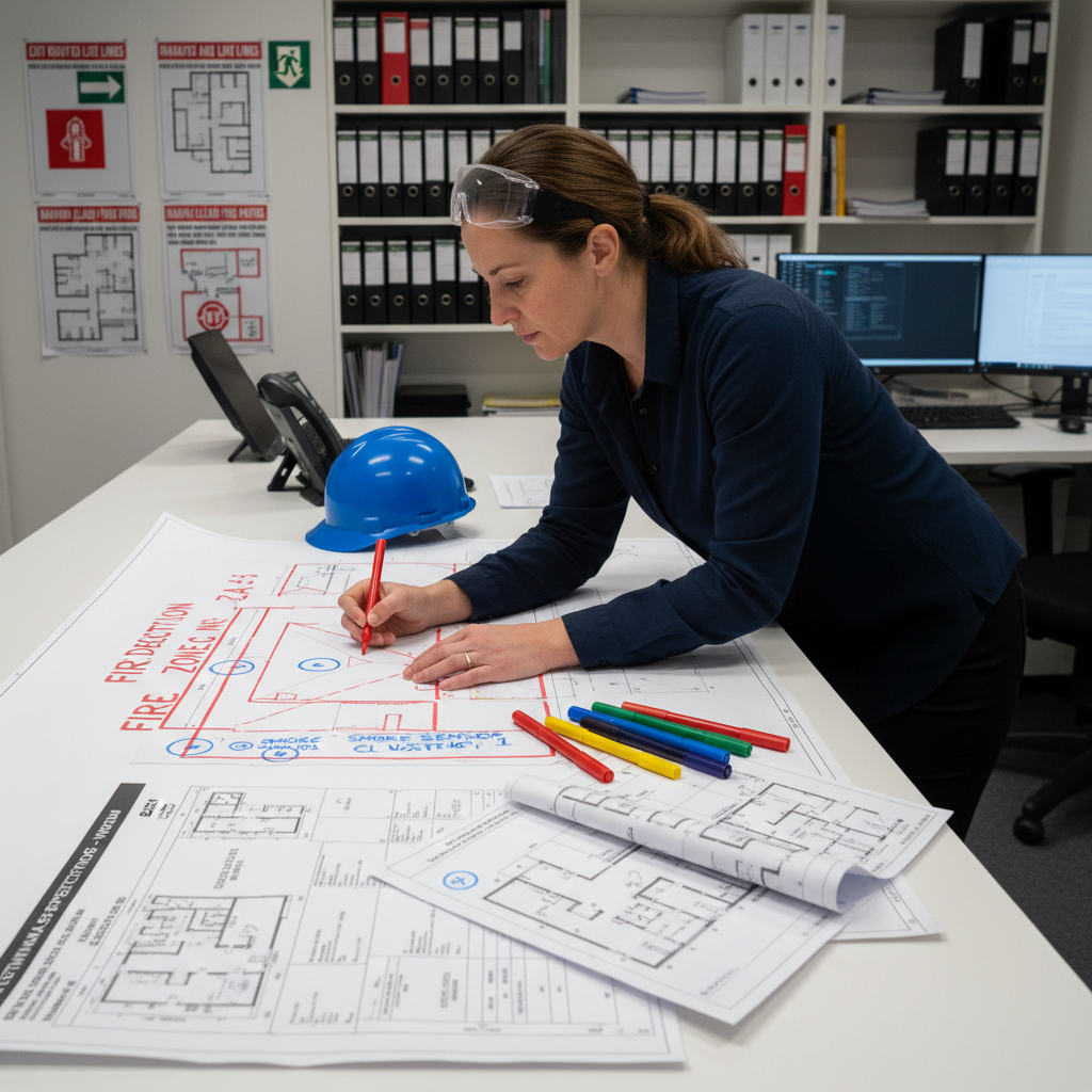 Zonage SSI : comment découper un bâtiment en zones de détection 1 Alise SSI – Sécurité et Sérénité Assurée Alise Ingénieur en sécurité incendie dessinant les zones de détection sur des plans architecturaux