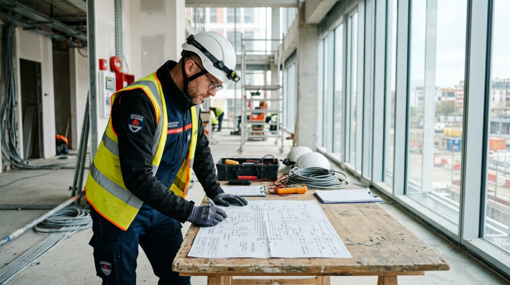 Schéma SSI catégorie A : décrypter et valider son installation 1 Sécurité et Sérénité Assurée Alise SSI Technicien SSI consultant un schéma d'installation catégorie A sur table de chantier
