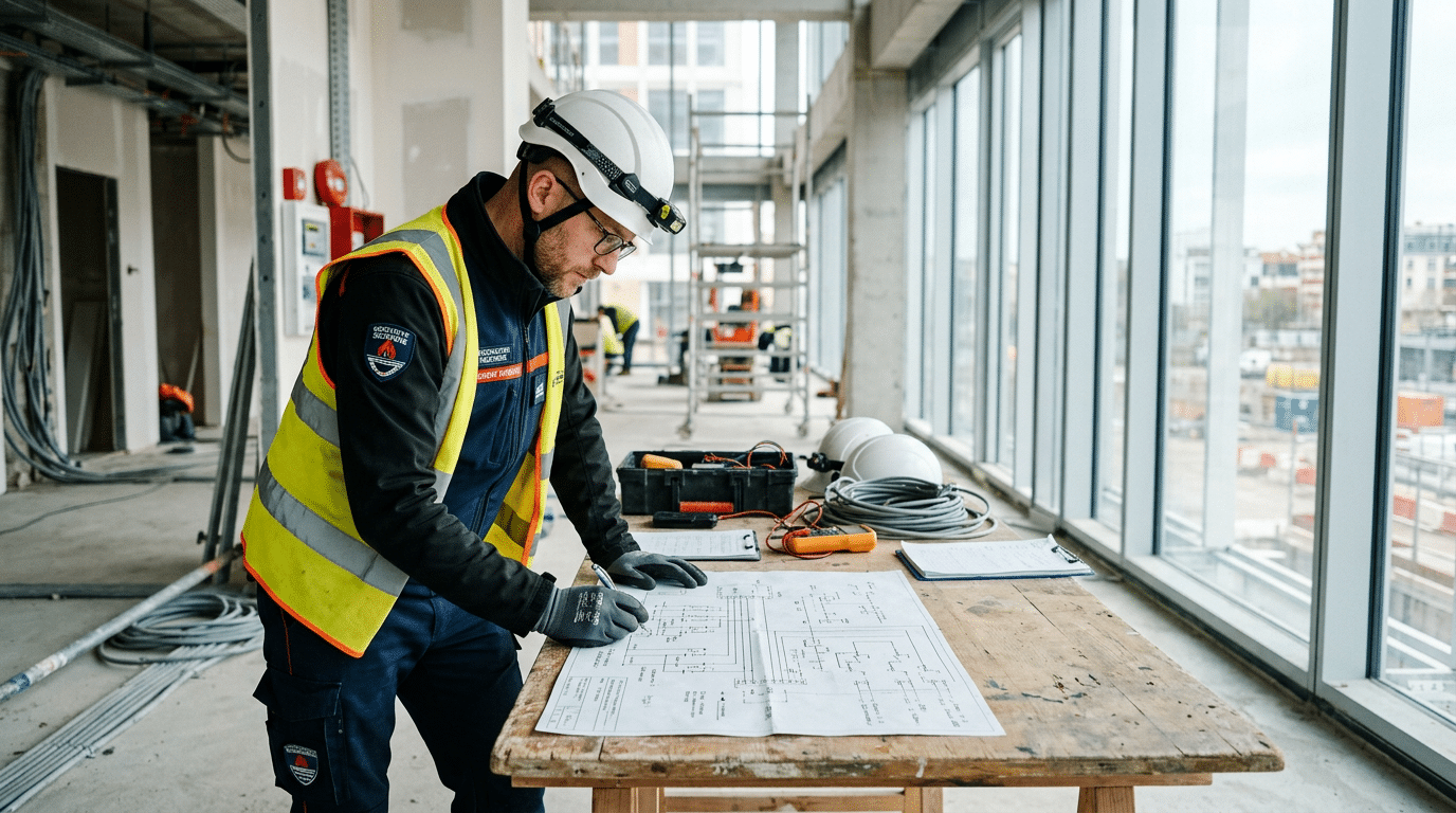 Technicien SSI consultant un schéma d'installation catégorie A sur table de chantier