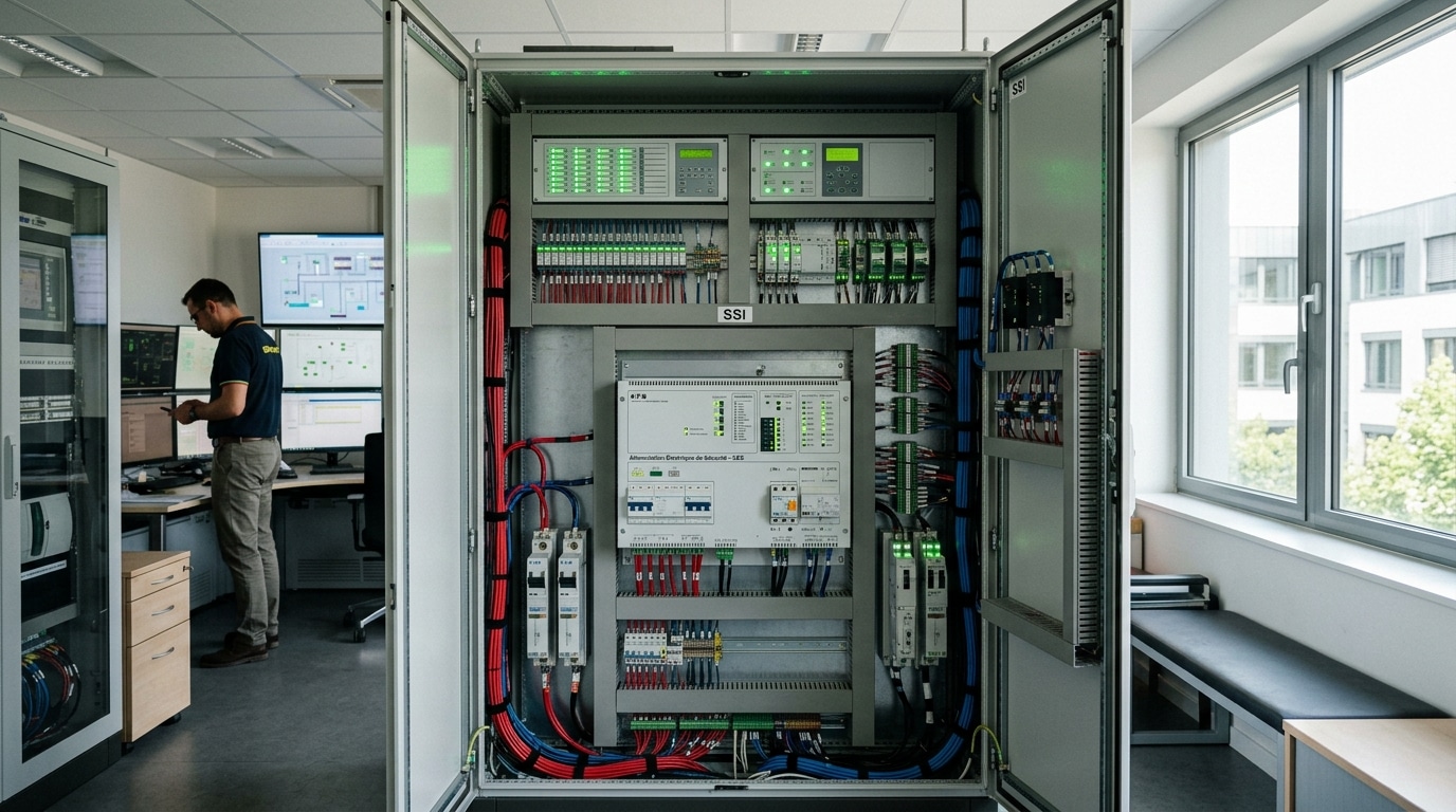 Alimentation électrique de sécurité AES SSI installée dans une armoire technique de bâtiment tertiaire