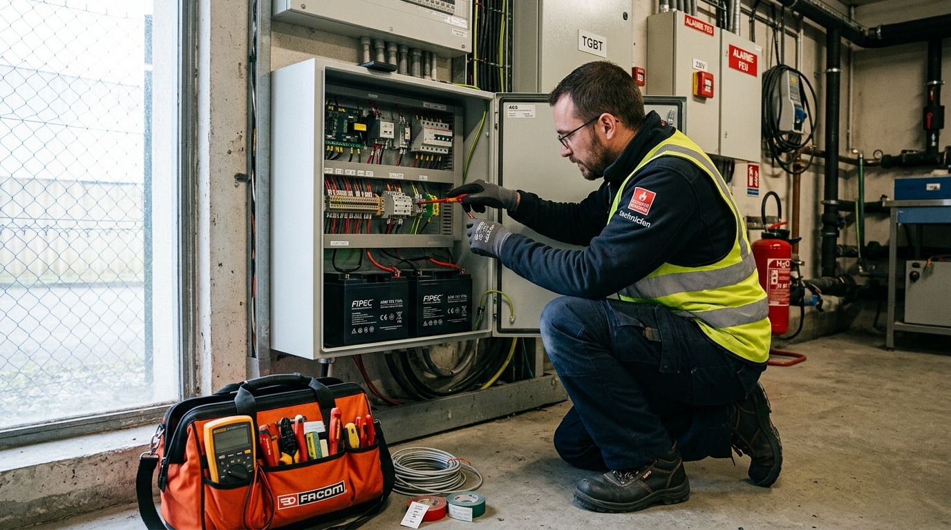 AES SSI : alimentation électrique de sécurité, rôle, types et conformité NF 1 Sécurité et Sérénité Assurée Alise SSI Technicien SSI contrôlant les connexions d'une alimentation électrique de sécurité lors d'une opération de maintenance