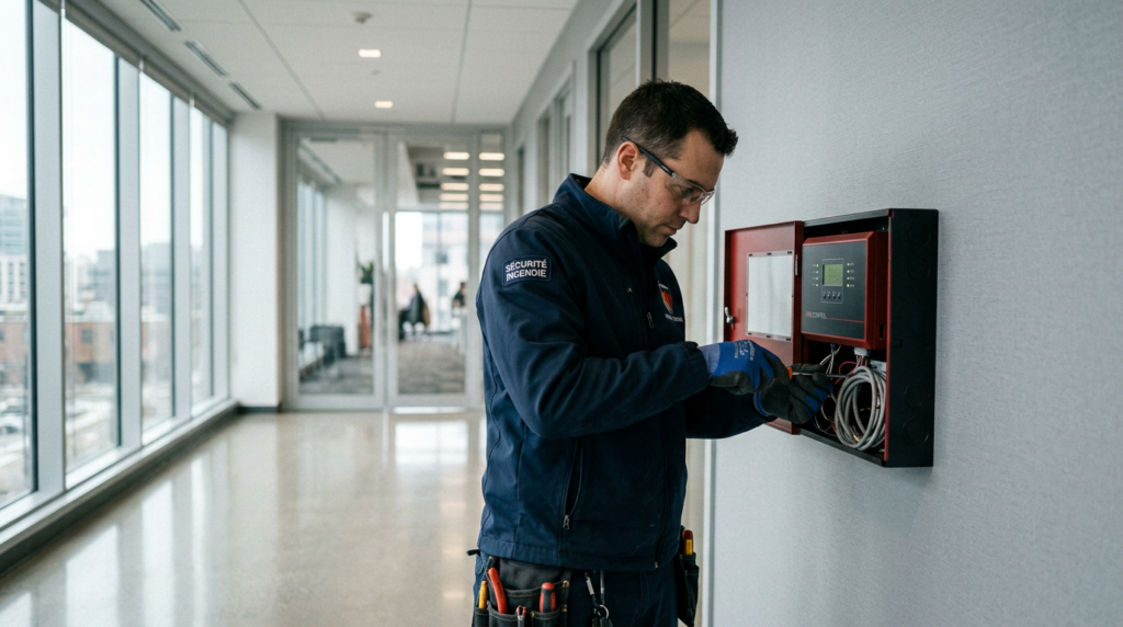Alarme incendie Lyon : coûts, délais et obligations selon le type d'établissement 1 Sécurité et Sérénité Assurée Alise SSI Technicien SSI installant une centrale d'alarme incendie dans un bâtiment professionnel à Lyon
