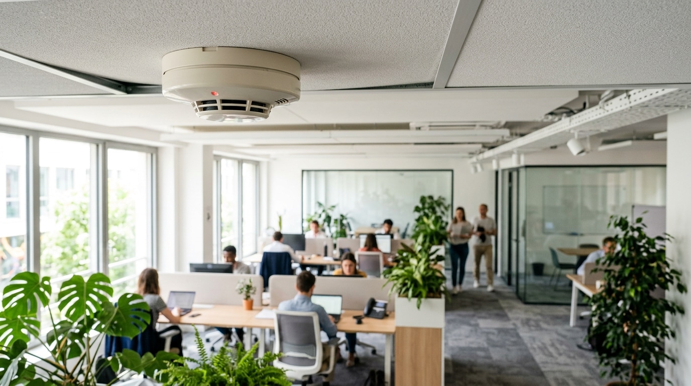 Sécurité incendie en ERP à Lyon : le guide 2026 1 Sécurité et Sérénité Assurée Alise SSI Détecteur de fumée au plafond d'un open space tertiaire dans un ERP lyonnais