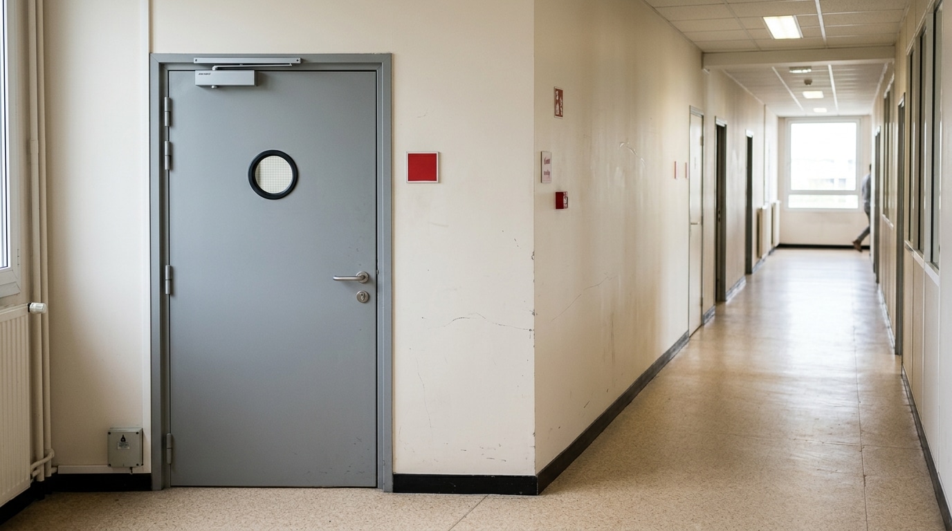 Sécurité incendie en ERP à Lyon : le guide 2026 2 Sécurité et Sérénité Assurée Alise SSI Porte coupe-feu avec ferme-porte dans le couloir d'un bâtiment tertiaire lyonnais