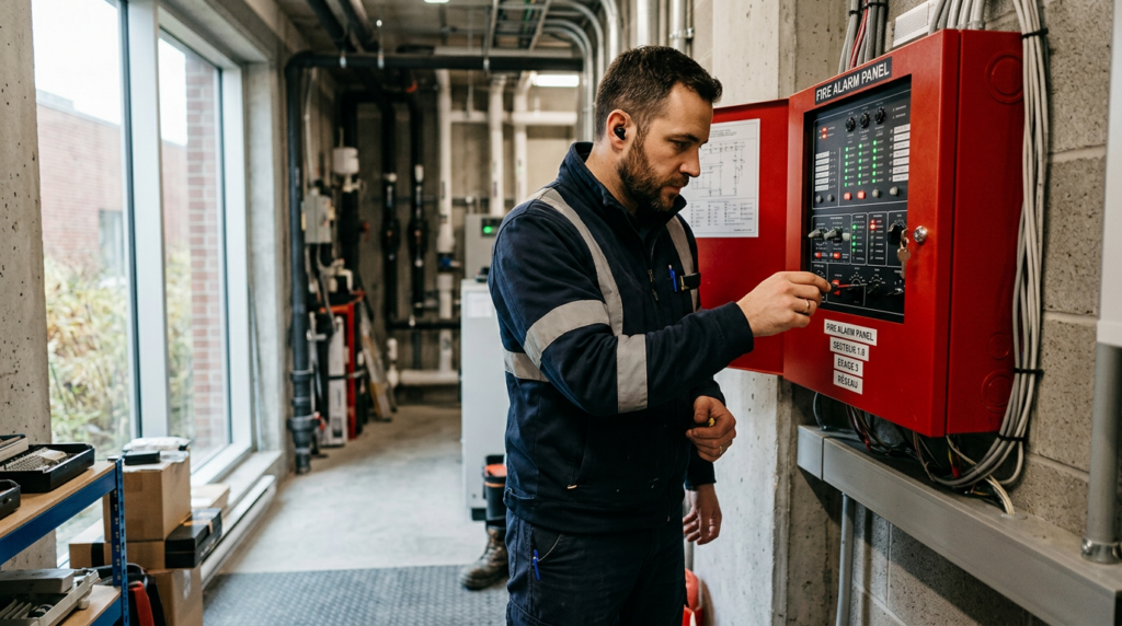 Sécurité incendie en ERP à Lyon : le guide 2026 1 Sécurité et Sérénité Assurée Alise SSI Technicien SSI vérifiant un tableau de signalisation incendie dans un ERP à Lyon