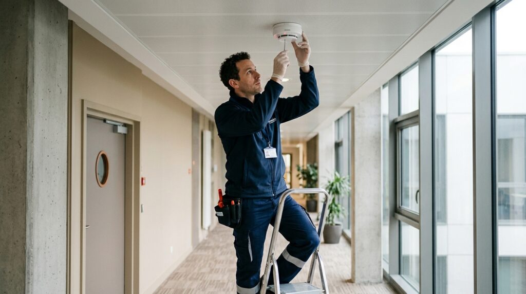 Détection incendie adressable vs conventionnelle : quel système pour votre ERP ? 1 Sécurité et Sérénité Assurée Alise SSI Technicien SSI en intervention sur un détecteur incendie adressable dans un ERP