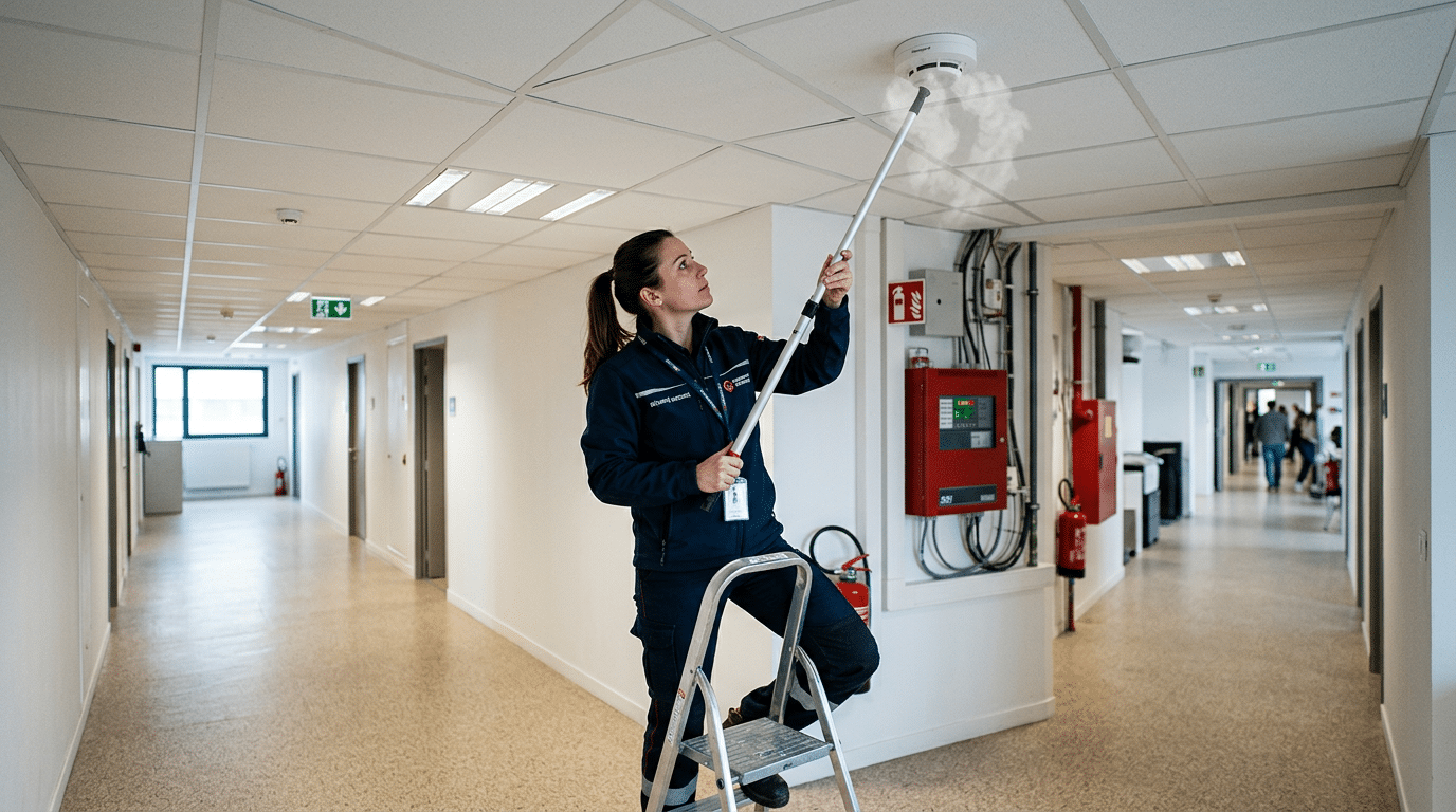 SSI Lyon : 10 critères pour choisir son prestataire de maintenance 1 Sécurité et Sérénité Assurée Alise SSI Vérification d'un détecteur de fumée SSI par un technicien en intervention à Lyon