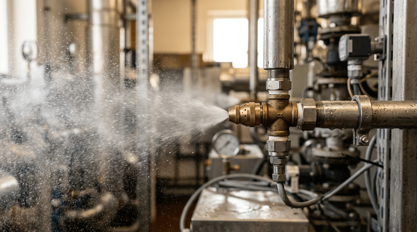 Extinction incendie : sprinkler eau vs brouillard d'eau, comparatif par type de bâtiment 1 Sécurité et Sérénité Assurée Alise SSI Buse de brouillard d'eau haute pression installée dans un local technique