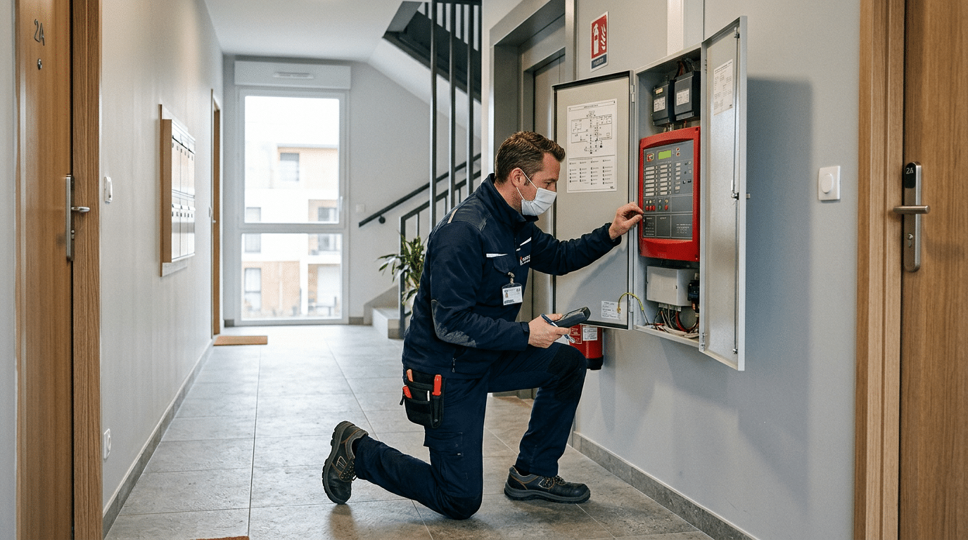 Technicien SSI inspectant le tableau de mise en sécurité incendie d'un immeuble collectif