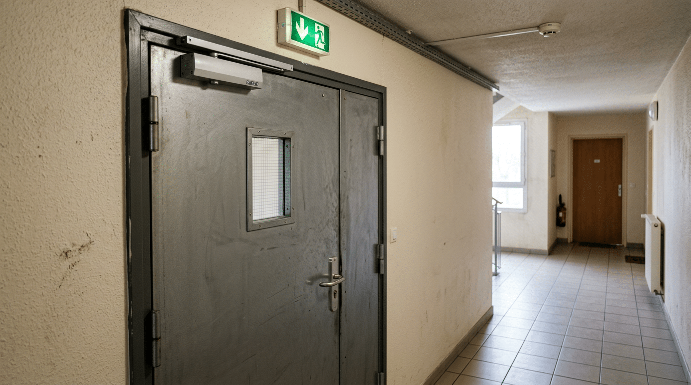 Sécurité incendie en immeuble d'habitation collectif : obligations bailleur et syndic hors IGH 1 Sécurité et Sérénité Assurée Alise SSI Porte coupe-feu avec ferme-porte automatique dans les parties communes d'un immeuble collectif