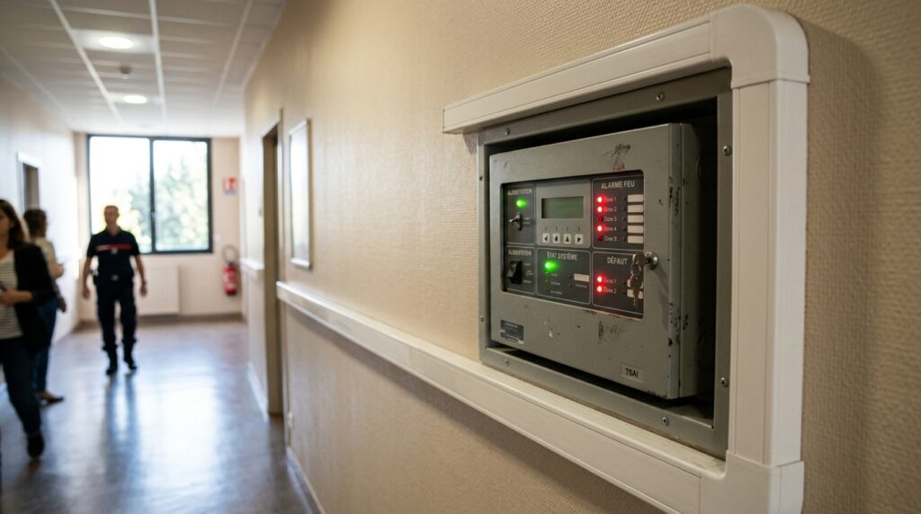 Tableau de Signalisation d'Alarme (TSA) : fonctionnement, normes NF S61-932 et maintenance 1 Sécurité et Sérénité Assurée Alise SSI Tableau de signalisation d'alarme incendie installé dans un couloir d'ERP