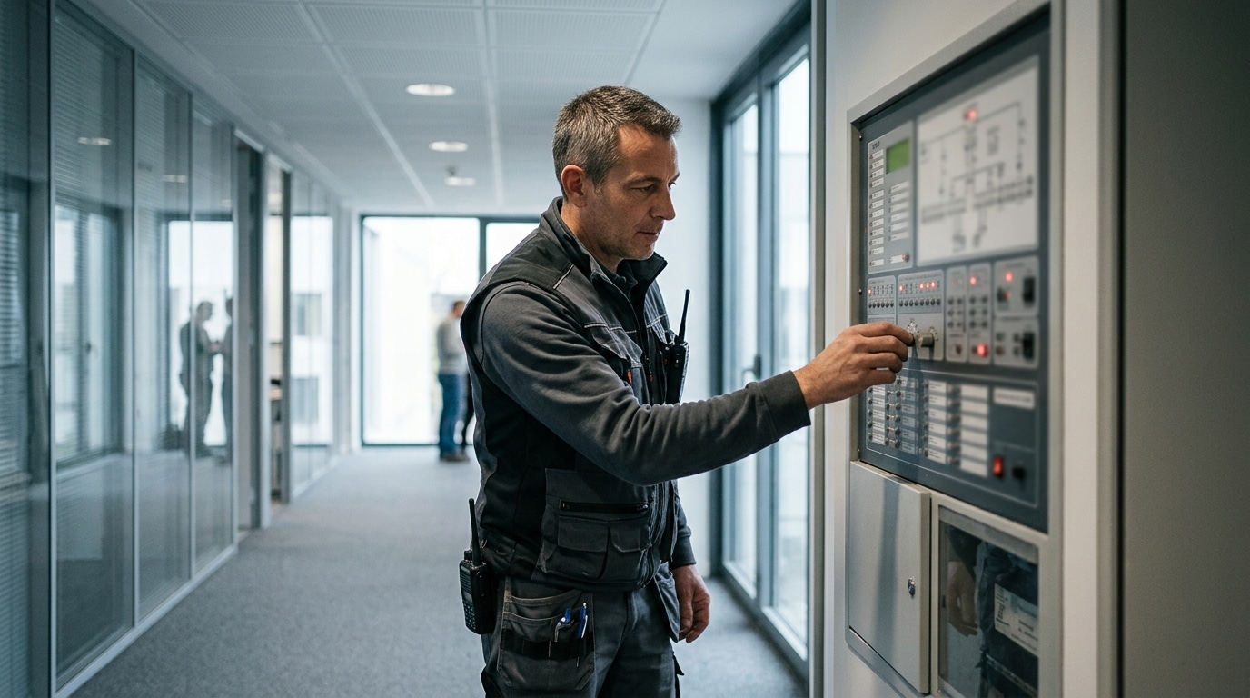 Technicien SSI contrôlant un tableau de sécurité incendie dans un bâtiment en Isère
