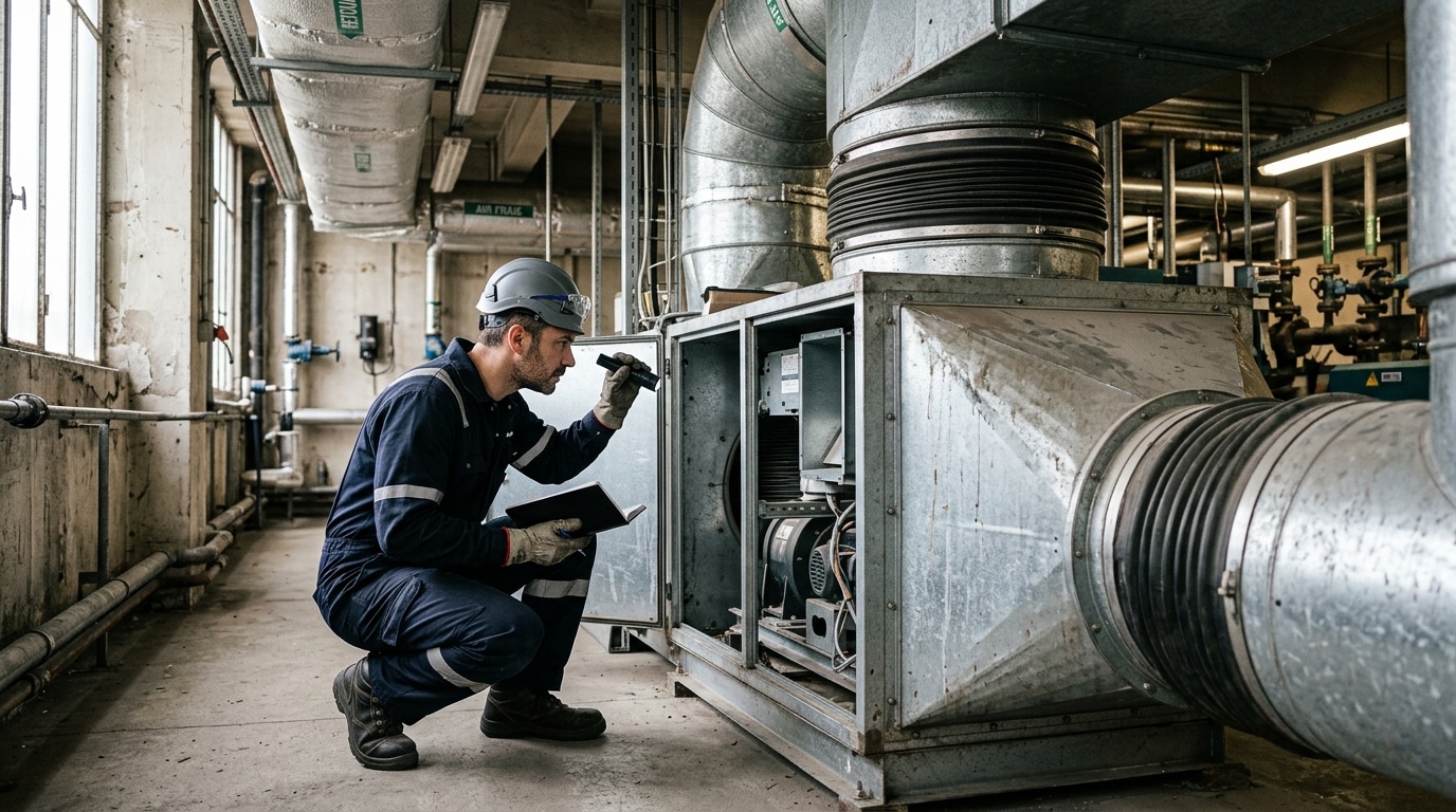 Désenfumage Lyon : obligations réglementaires par catégorie ERP et type de bâtiment 1 Sécurité et Sérénité Assurée Alise SSI Technicien SSI contrôlant un système de désenfumage mécanique