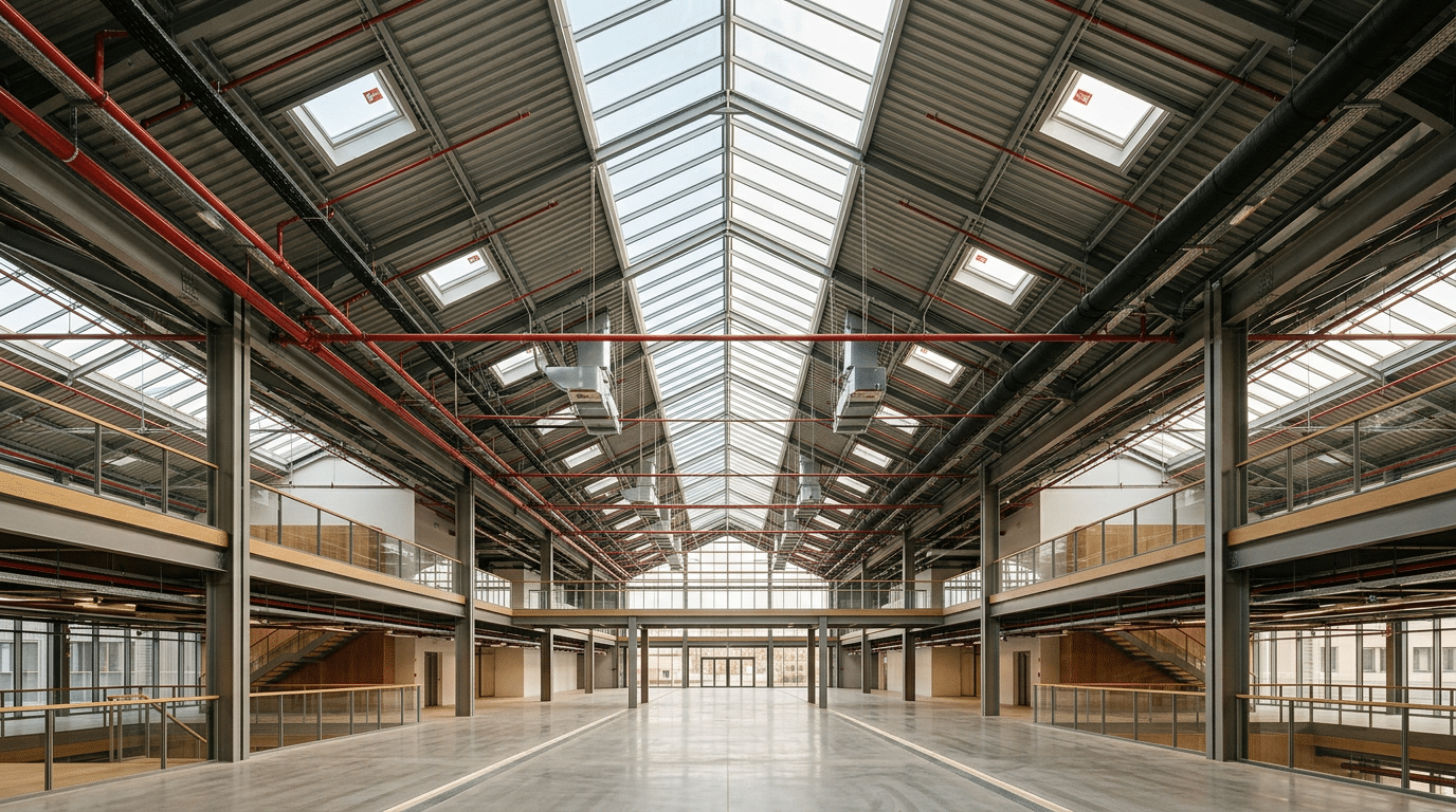 Exutoires de désenfumage installés au plafond d'un ERP à Lyon