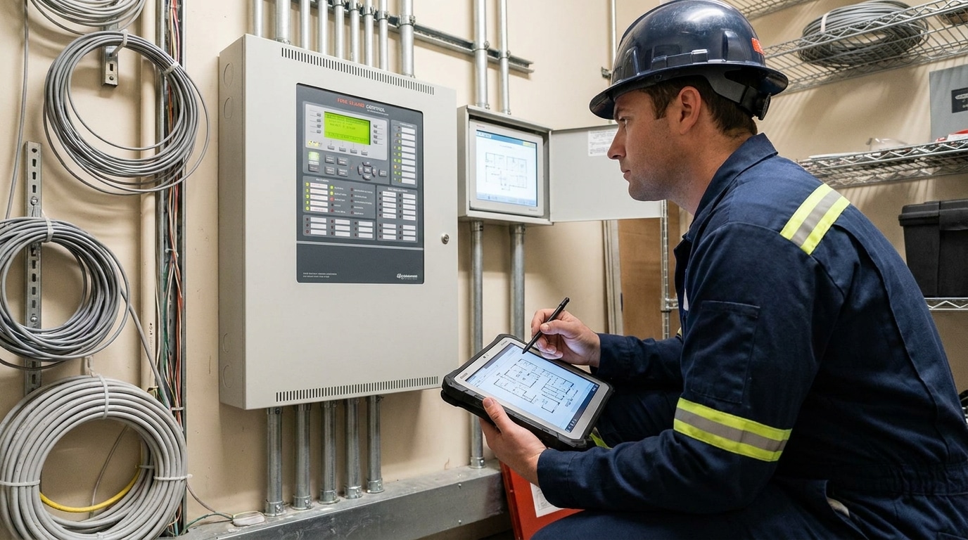 Technicien vérifiant un CMSI lors d'une mission de coordination SSI