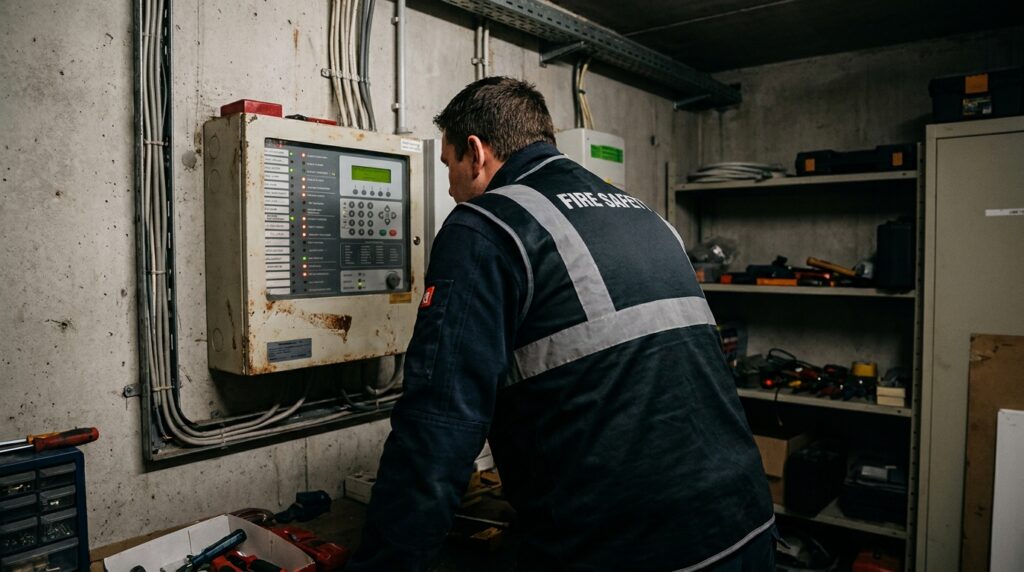 SSI de catégorie E : ce qu'il couvre et quand il suffit 4 Sécurité et Sérénité Assurée Alise SSI Technicien vérifiant un tableau d'alarme incendie d'un SSI de catégorie E dans un ERP