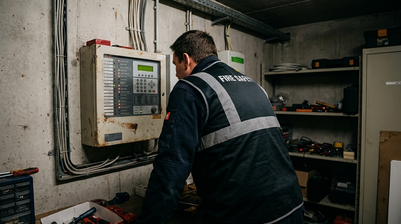 Technicien vérifiant un tableau d'alarme incendie d'un SSI de catégorie E dans un ERP