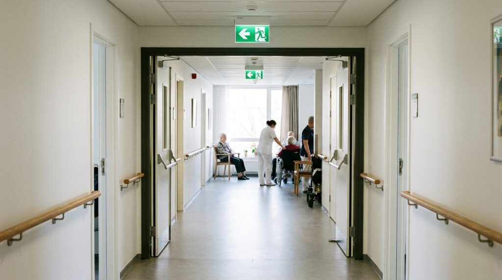 Sécurité incendie en EHPAD : obligations et évacuation 1 Sécurité et Sérénité Assurée Alise SSI Couloir d'un EHPAD équipé de portes coupe-feu et de signalétique d'évacuation