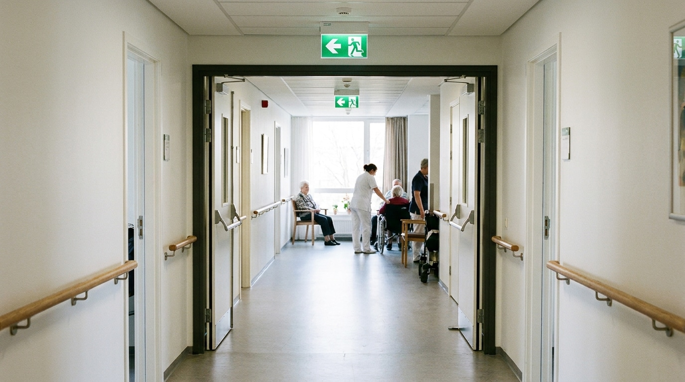 Couloir d'un EHPAD équipé de portes coupe-feu et de signalétique d'évacuation